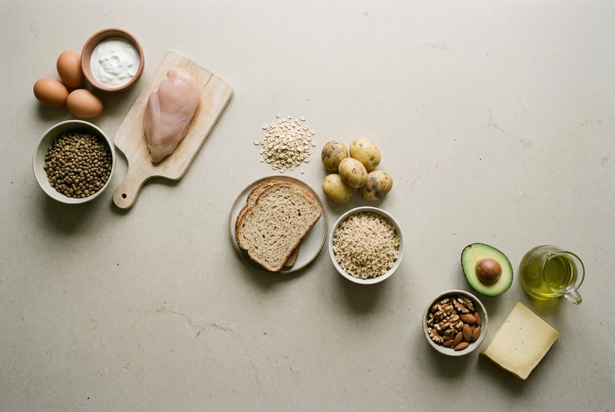 The three macronutrient groups. From left to right: protein, carbs and fats.